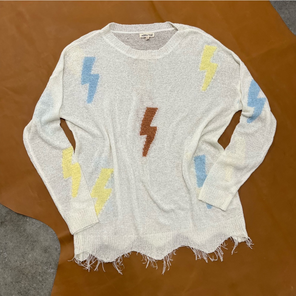 Cream Sweater L Lightning Print